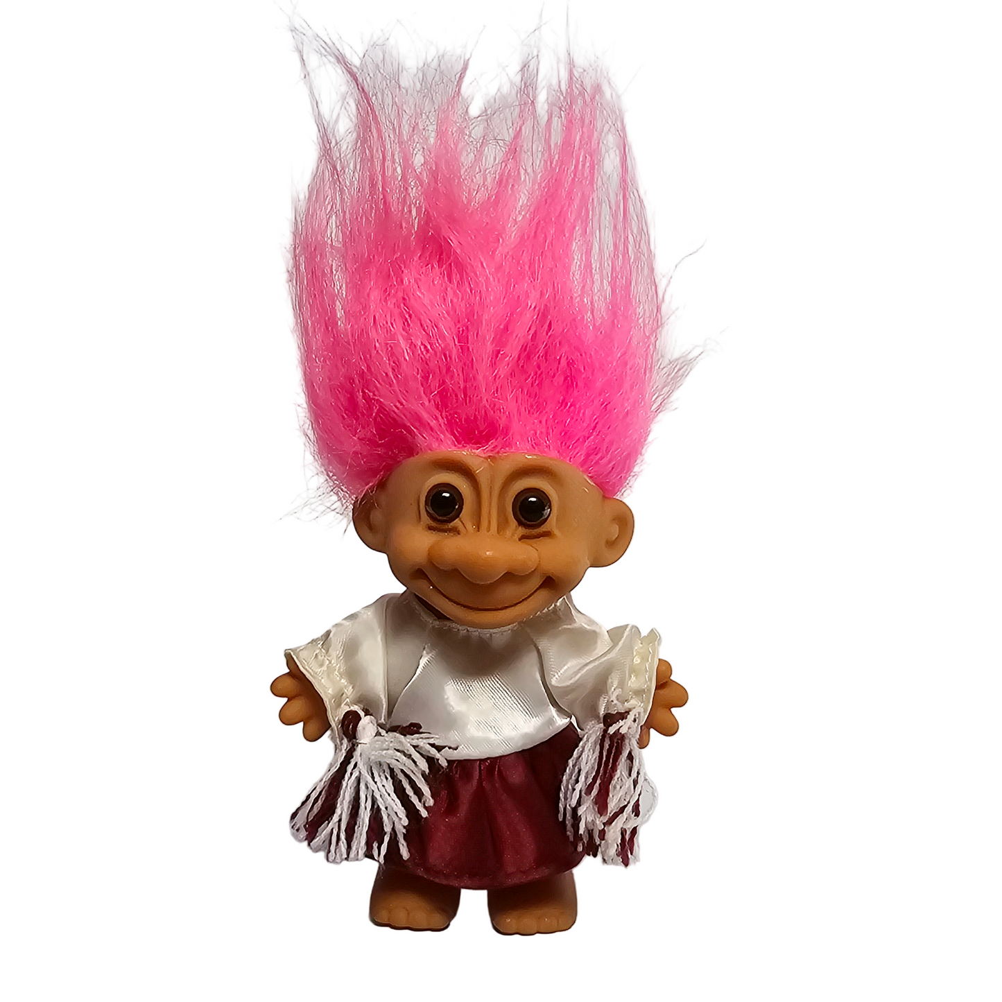 Vintage Russ Troll Doll with pink hair and a white pom-pom outfit.