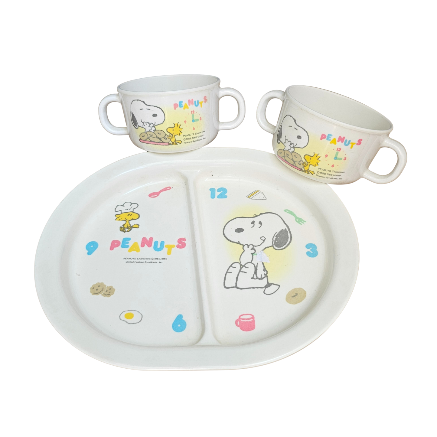Vtg Peanuts Snoopy Melamine Divided Plate + Cups