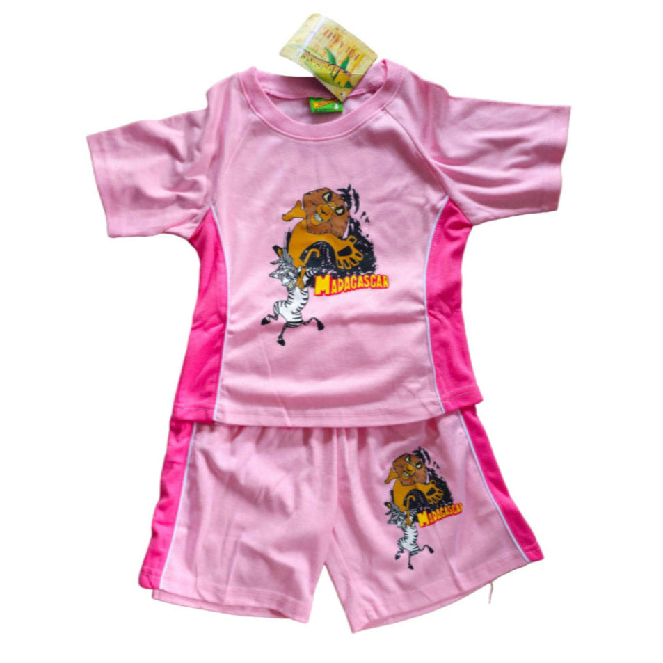 Pink children's outfit with Madagascar character design on a white background