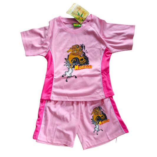 Pink children's outfit with Madagascar character design on a white background